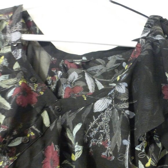 GUESS black floral print semi-sheer chiffon partial cold shoulder top - Picture 2 of 11